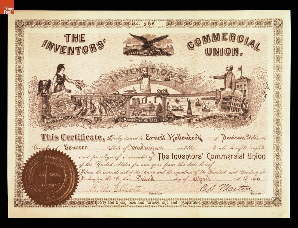Certificate for Ernest Hollenbeck, Member of The Inventors Commercial Union, April 3, 1890