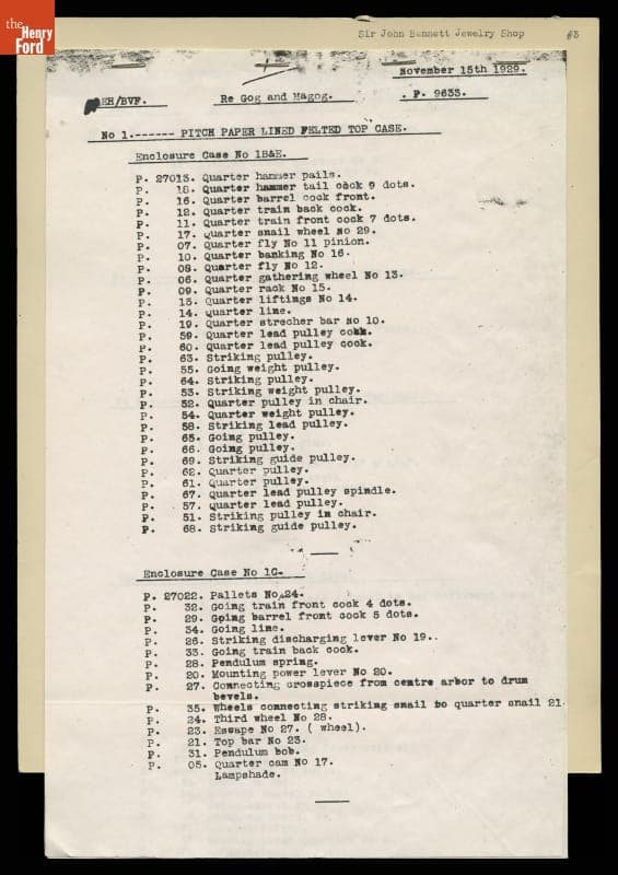 List of Sir John Bennett Store Tower Clock Components, November 1929