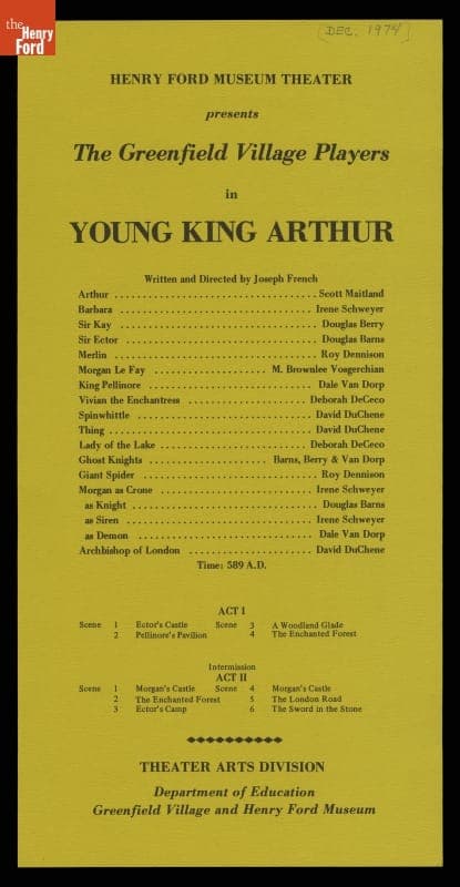 Playbill for Performance of "Young King Arthur" at Henry Ford Museum Theater, 1974-1975