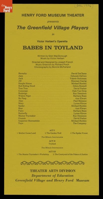 Playbill for Performance of "Babes in Toyland" at Henry Ford Museum Theater, 1976-1977