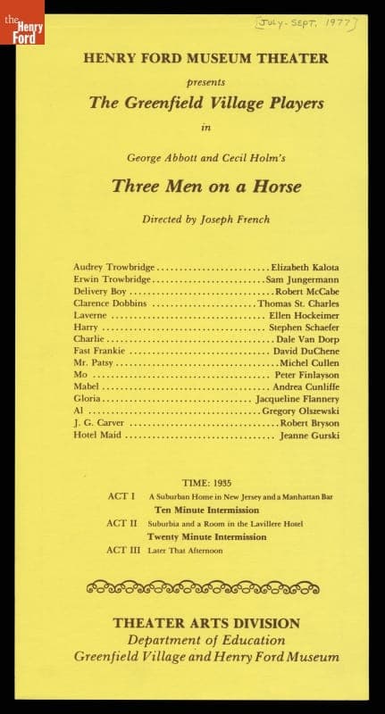 Playbill for Performance of "Three Men on a Horse" at Henry Ford Museum Theater, 1977