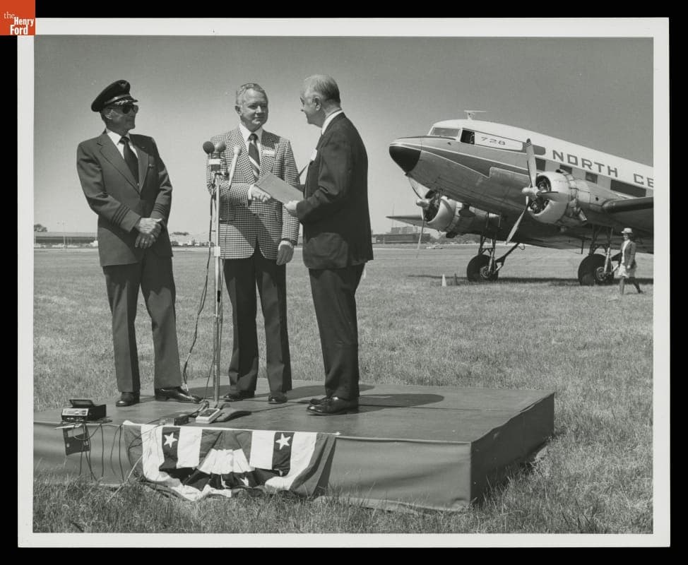 North Central Officials Signing Over the 1939 Douglas DC-3 Flight Log to Donald Shelley, May 28, 1975