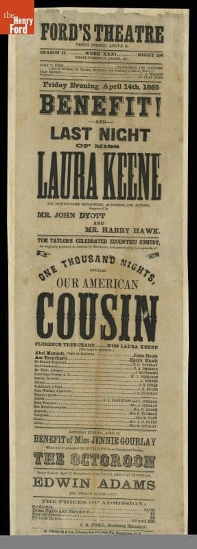 Ford's Theatre Playbill for the April 14, 1865 Performance of "Our American Cousin"