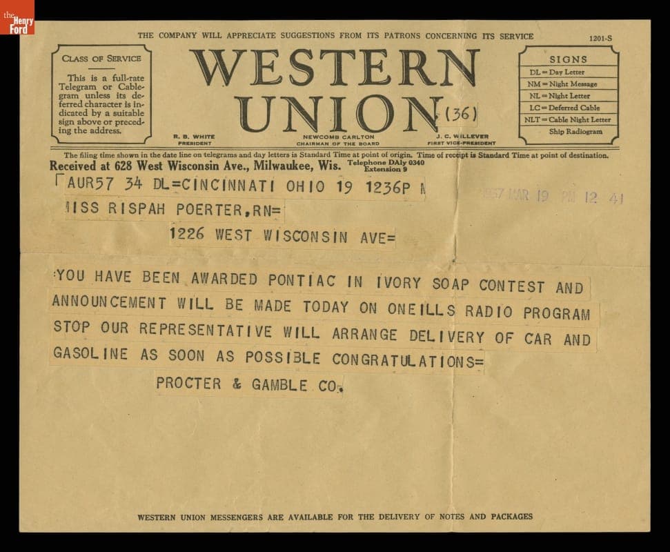 Ivory Soap Contest Award Notification from Procter and Gamble to Rispah Porter, March 19, 1937