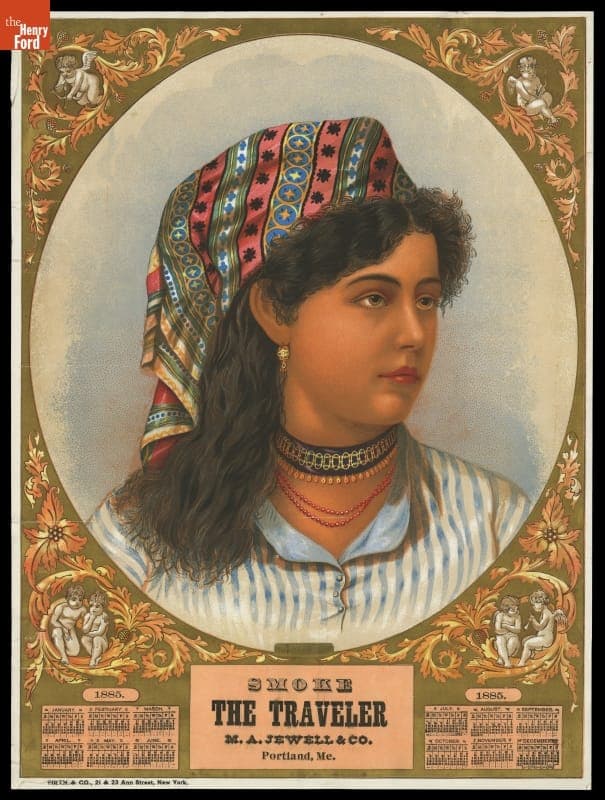 M.A. Jewell & Co. Calendar for 1885, "Smoke the Traveler"