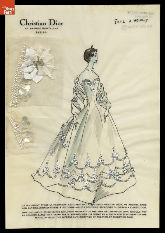 Christian Dior Fashion Design Drawing with Fabric Swatch, "Fete a Neuilly," 1955