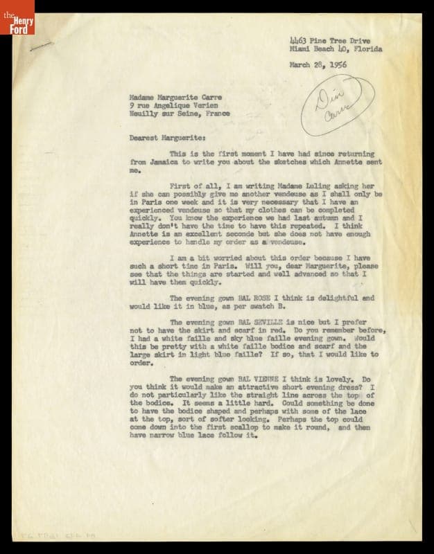 Letter from Elizabeth Parke Firestone to Marguerite Carre (for Dior), March 28, 1956