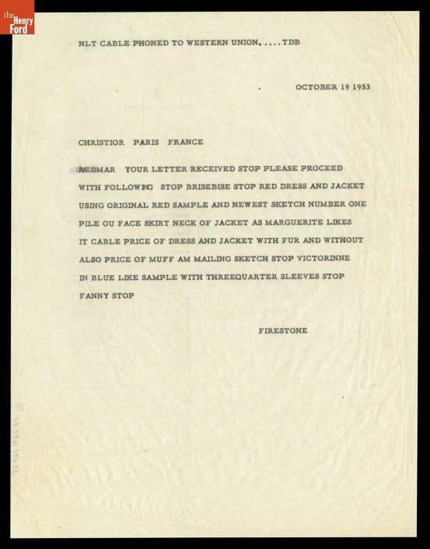 Telegram from Elizabeth Parke Firestone to Mme. Azemar (for Dior), October 19, 1953