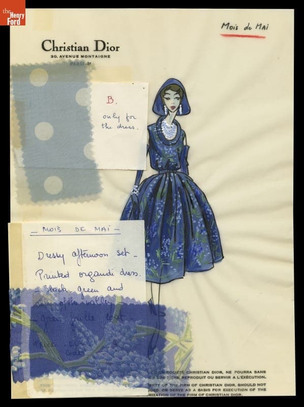 Dior Fashion Design Drawing with Fabric Swatches, Dress "Mois de Mai," 1955