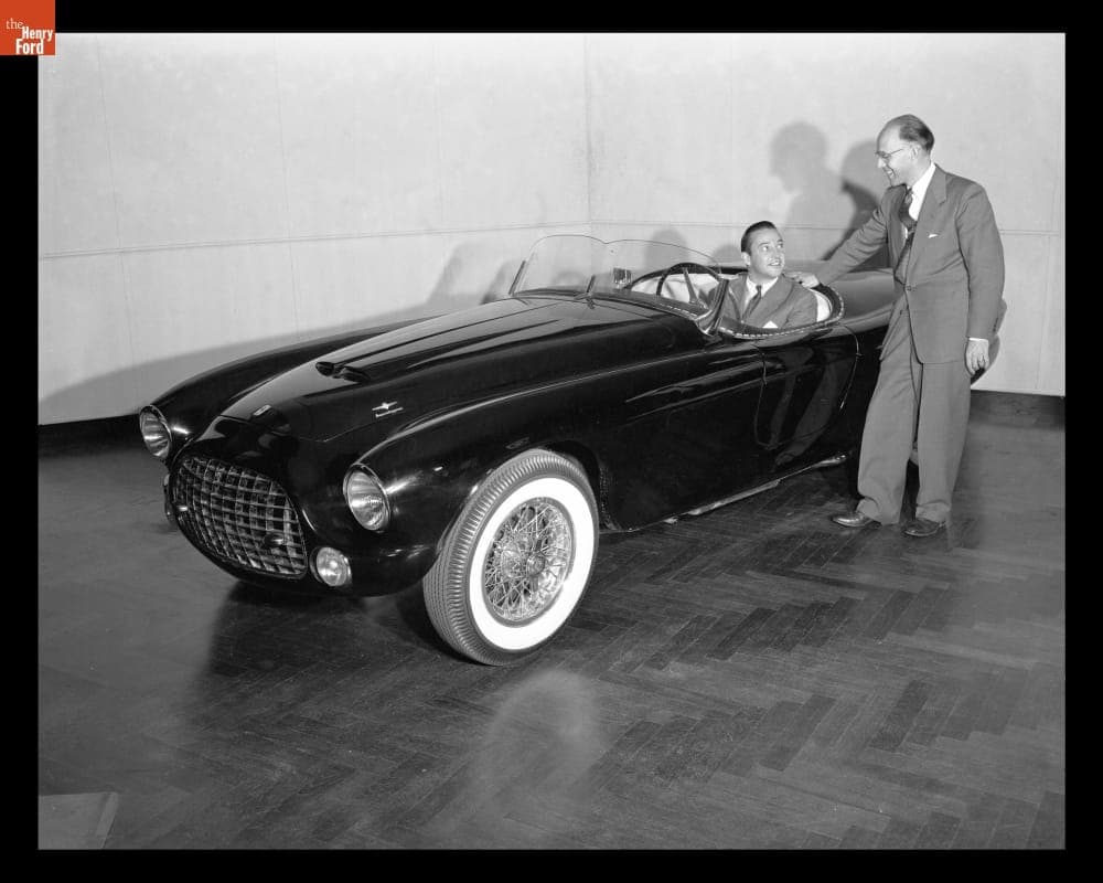 William Clay Ford and Frank Caddy with 1952 Ferrari 212 Barchetta, Henry Ford Museum, 6 January 1954