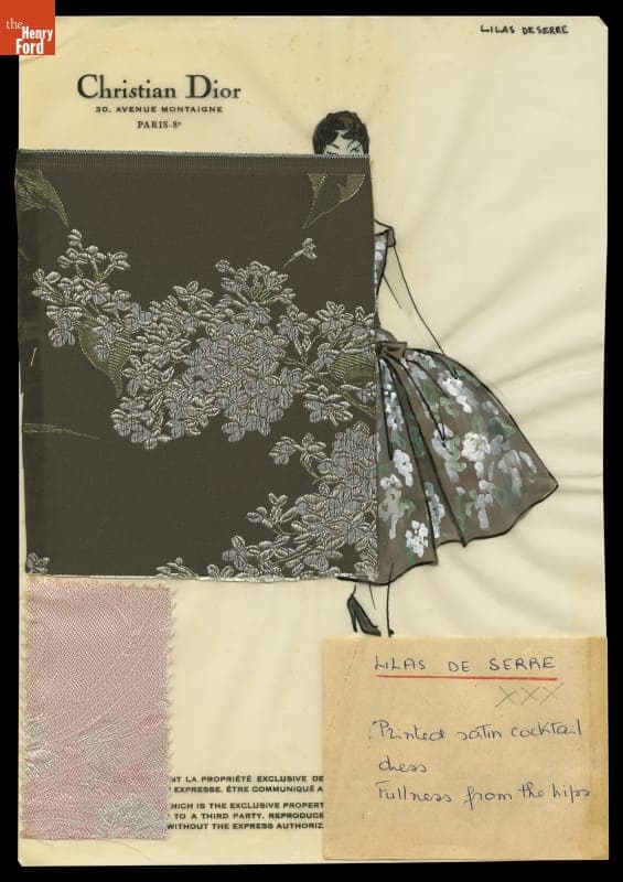 Christian Dior Fashion Design Drawing with Fabric Swatches, "Lilas de Serre," 1954