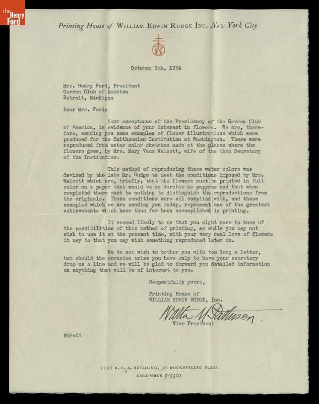 Letter from Printing House of William Edwin Rudge to Clara Ford with a Selection of Wildflower Prints, October 9, 1934
