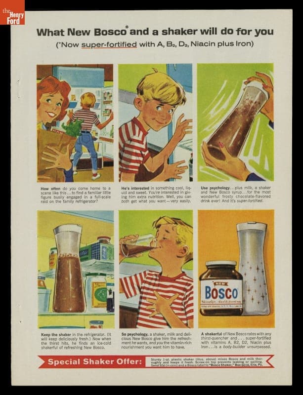 Bosco Drink Mix Advertisement, 1963, "What New Bosco and a Shaker Will Do for You"