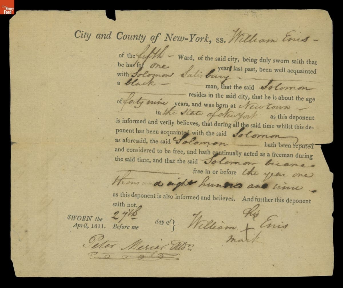 Document Attesting to the Freedom of Solomon Salisbury, April 27, 1811