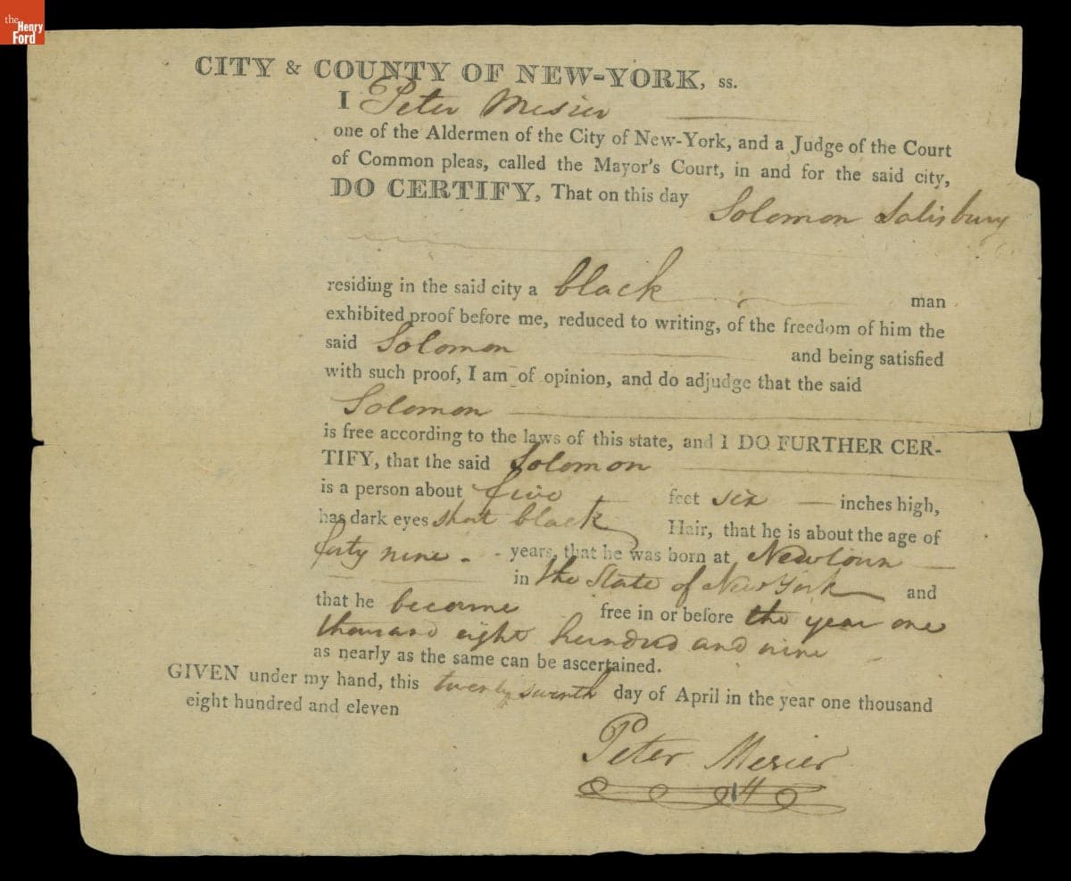 Certificate Verifying Solomon Salisbury's Status as a Free Man, April 27, 1811