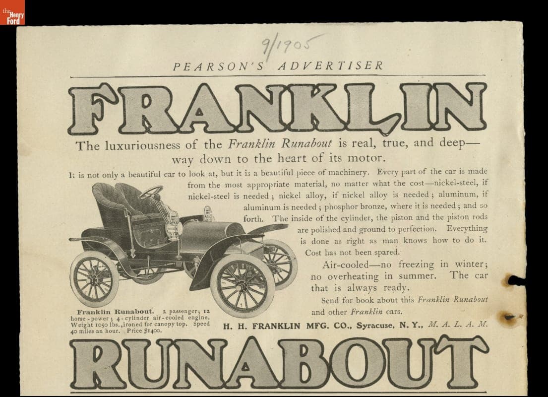 Franklin Automobile Advertisement, September 1905, "The Luxuriousness of the Franklin"