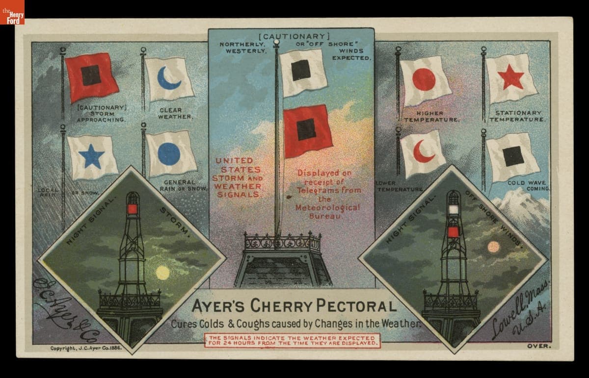 Trade Card for Ayer's Cherry Pectoral, "Cures Colds & Coughs Caused by Changes in the Weather," 1886