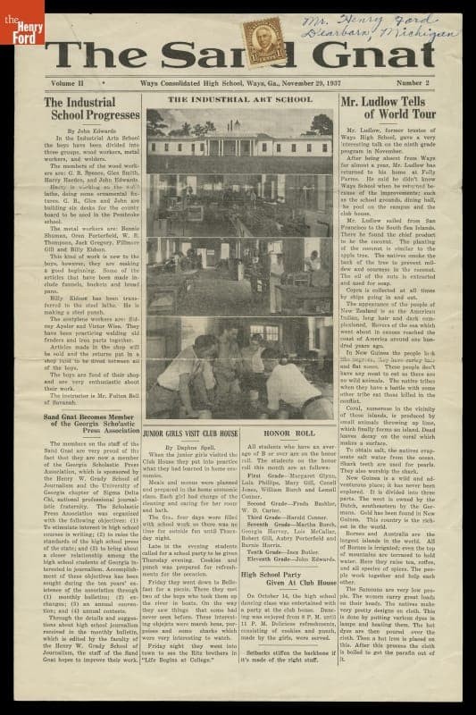 Ways Consolidated High School Newspaper, "The Sand Gnat," November 29, 1937