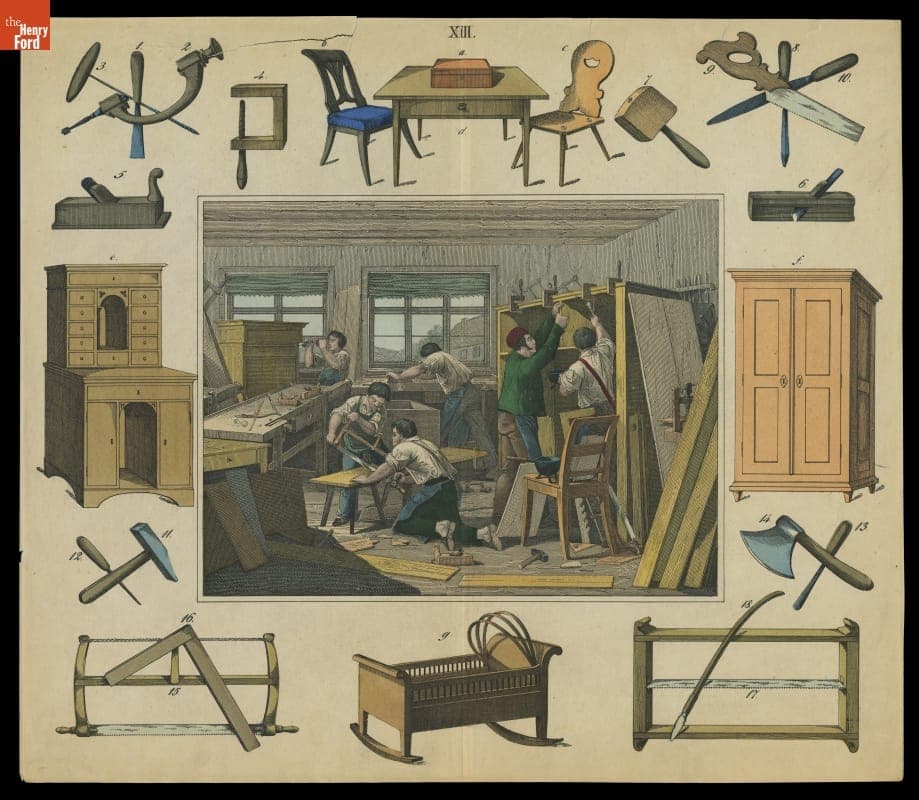 Engraving, Cabinetmaker's Shop, Tools and Products, circa 1810