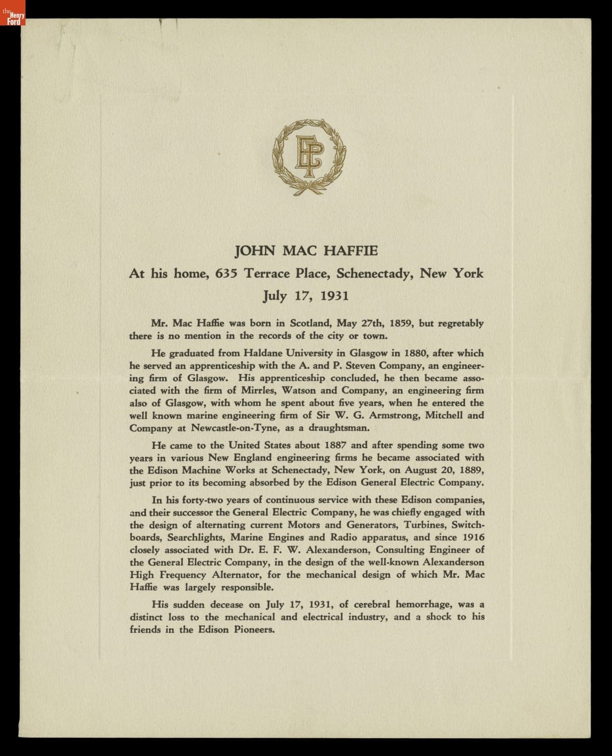 Biographical Tribute to Edison Pioneer John Mac Haffie, 1931