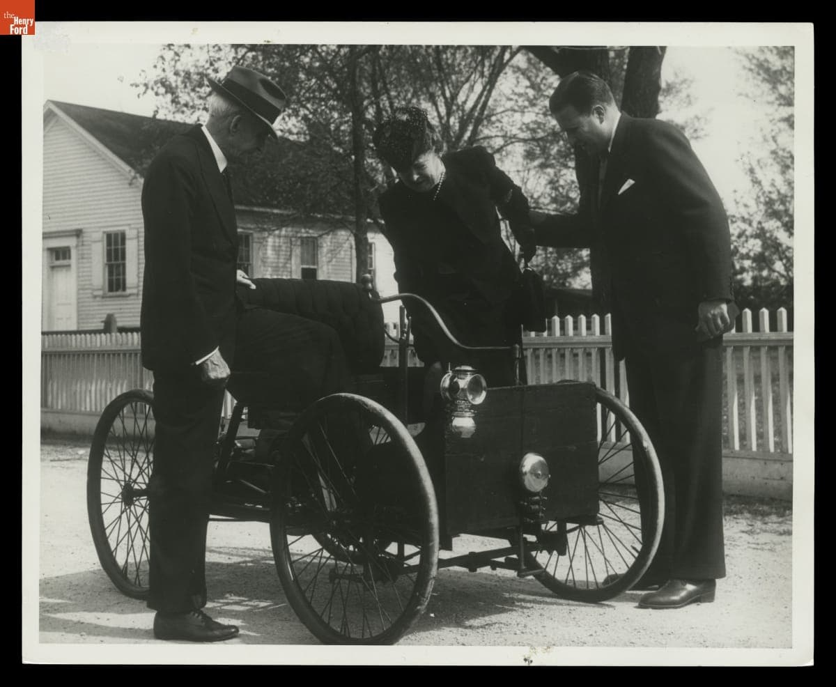 Henry Ford, Clara Ford and Henry Ford II with the Ford Quadricycle in Greenfield Village, May 1946