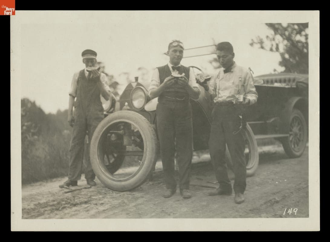 Service Crew Members Harry Linden, R. V. Kline, and Thomas Sato on a "Vagabonds" Camping Trip, Tennessee, 1918