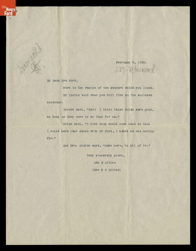 Letter and Recipes from Ada Atkins to Clara Ford, "Cherry Delight," and "Heavenly Hash," 1926