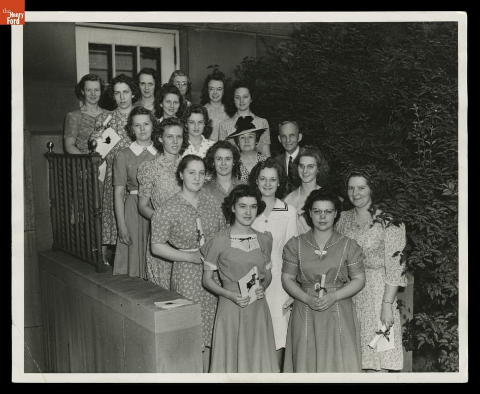 Clara and Henry Ford with School of Home Arts Graduates at Henry Ford Hospital, 1941