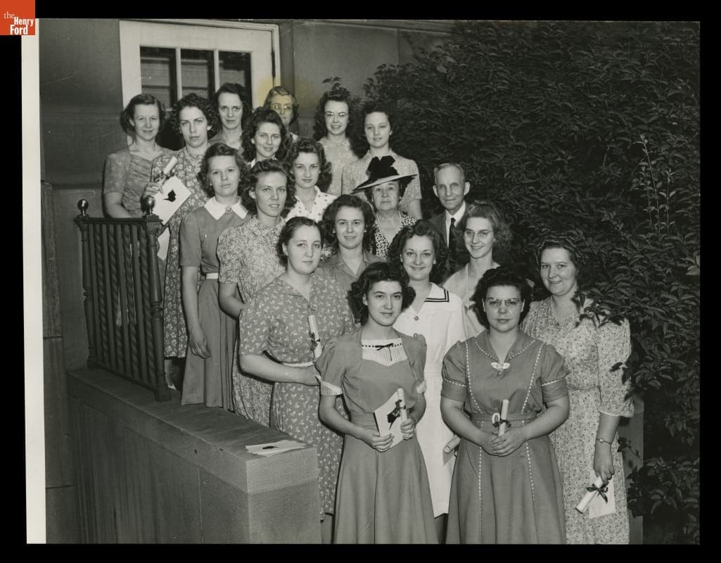 Clara and Henry Ford with School of Home Arts Graduates at Henry Ford Hospital, 1941