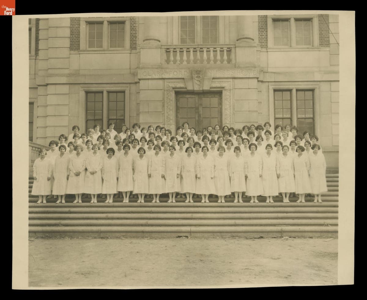 Group outside Clara Ford Nurses Home, Henry Ford Hospital, Detroit, Michigan, circa 1925