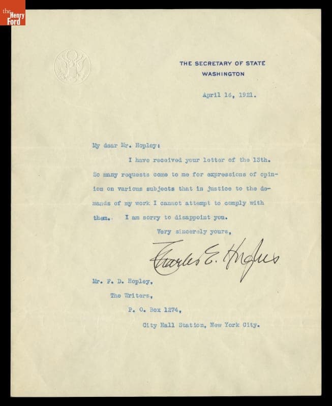 Letter from Charles Evans Hughes to Frank Hopley, April 16, 1921, "The Most Thrilling Moment of My Life"
