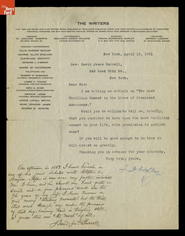 Correspondence between David James Burrell and Frank D. Hopley, April 1921, "The Most Thrilling Moment of My Life"