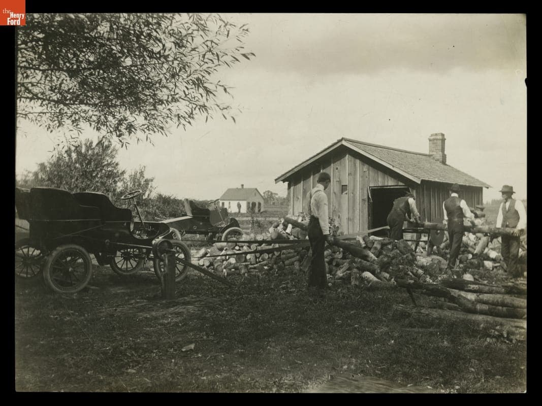 Henry Ford and Bryant Family Using Ford Model A to Power a Sawmill, Bryant Farm, 1903