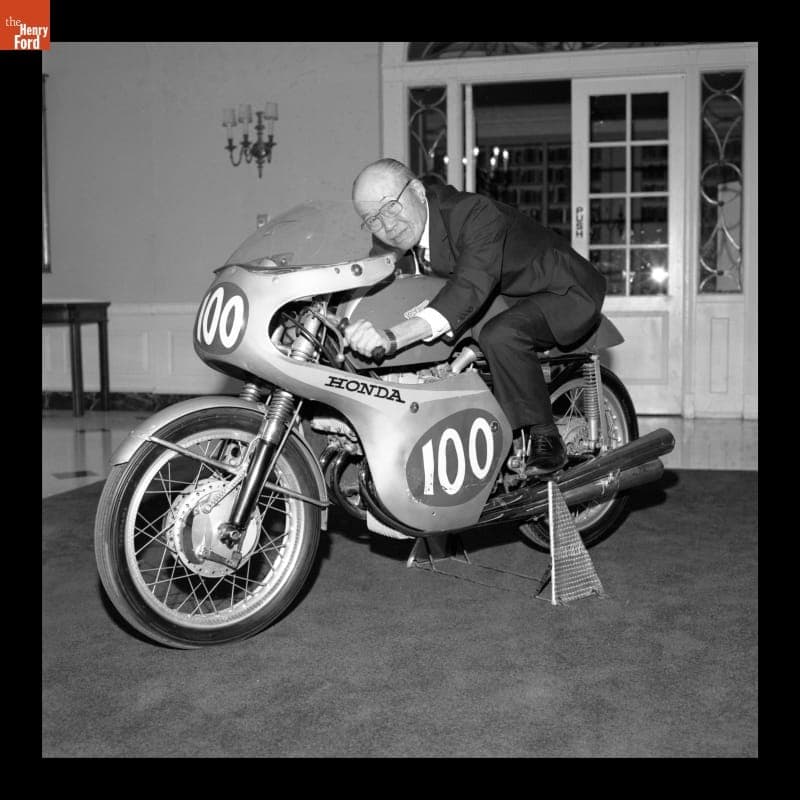 Soichiro Honda with the 1961 Honda Grand Prix Racing Motorcycle While Visiting The Henry Ford, October 9, 1989