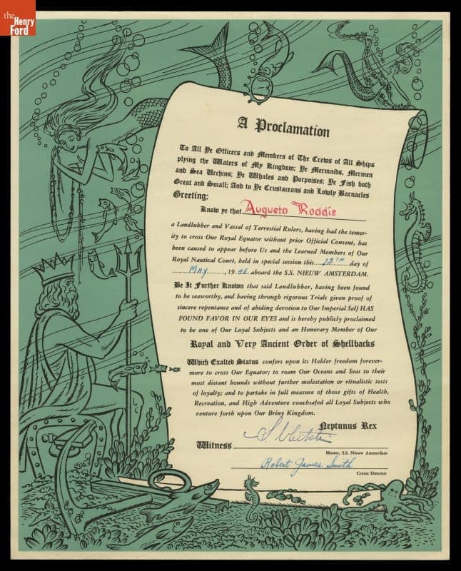 Proclamation of Augusta Roddis Crossing the Equator, 1948