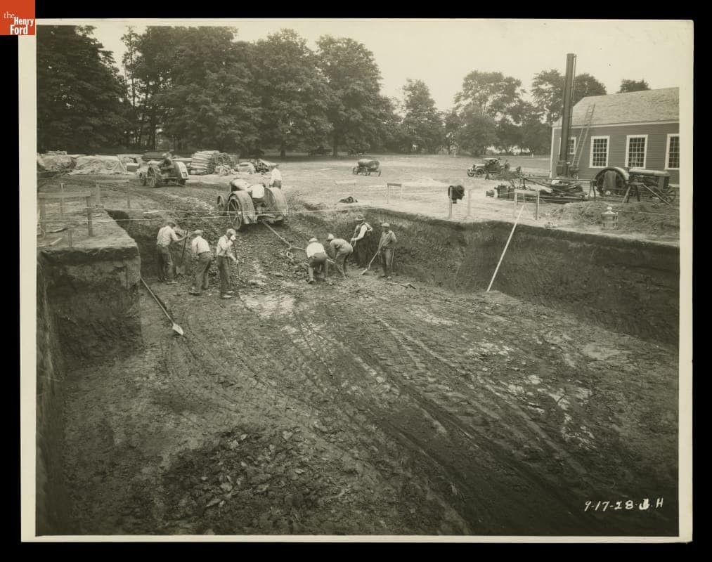 Workmen Preparing the Site for Sarah Jordan Boarding House in Greenfield Village, April 17, 1928