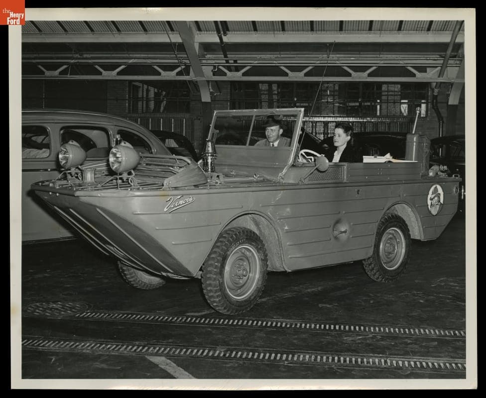 James Vernor III in Vernor's Ginger Ale Ford GPA Amphibious Jeep, Ford Rouge Plant Garage, April 1946