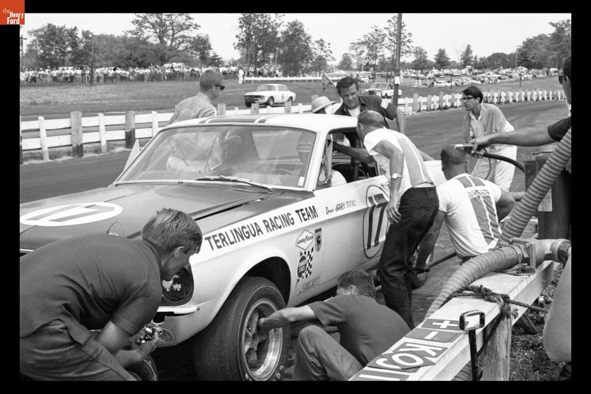 Pit Stop for Shelby Ford Mustang Driven by Jerry Titus, SCCA Trans-Am Race, Mid-Ohio Sports Car Course, June 11, 1967