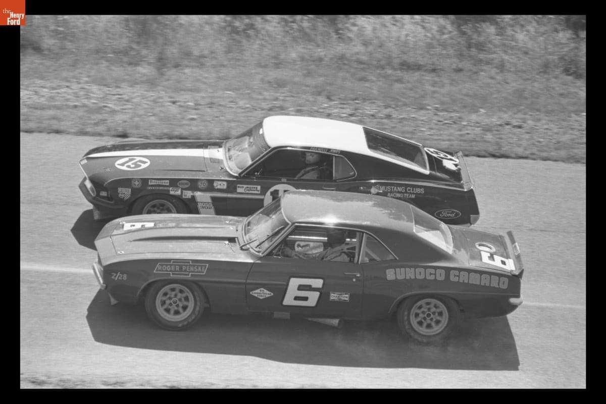 Ford Mustang and Chevrolet Camaro Race Cars at Kent Trans-Am Race, September 1969