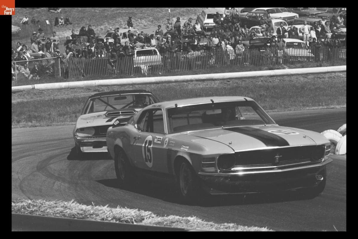 Ford Mustang and Dodge Challenger Race Cars at Laguna Seca Trans-Am Race, April 1970