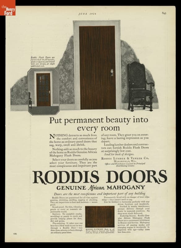 Advertisement for Roddis Doors, "Genuine African Mahogany," 1926