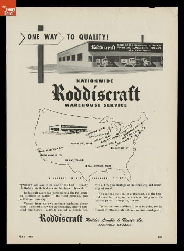 Advertisement, "One Way to Quality! Nationwide Roddiscraft Warehouse Service," 1948