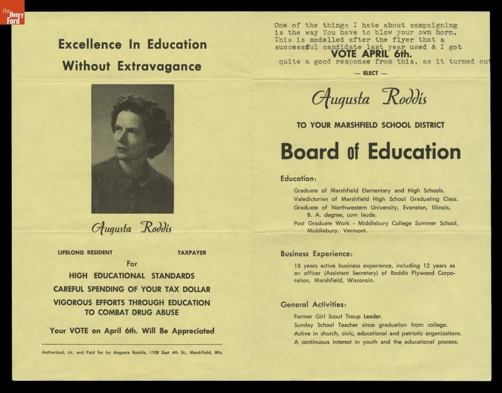 School Board Election Flyer for Augusta Roddis, 1971