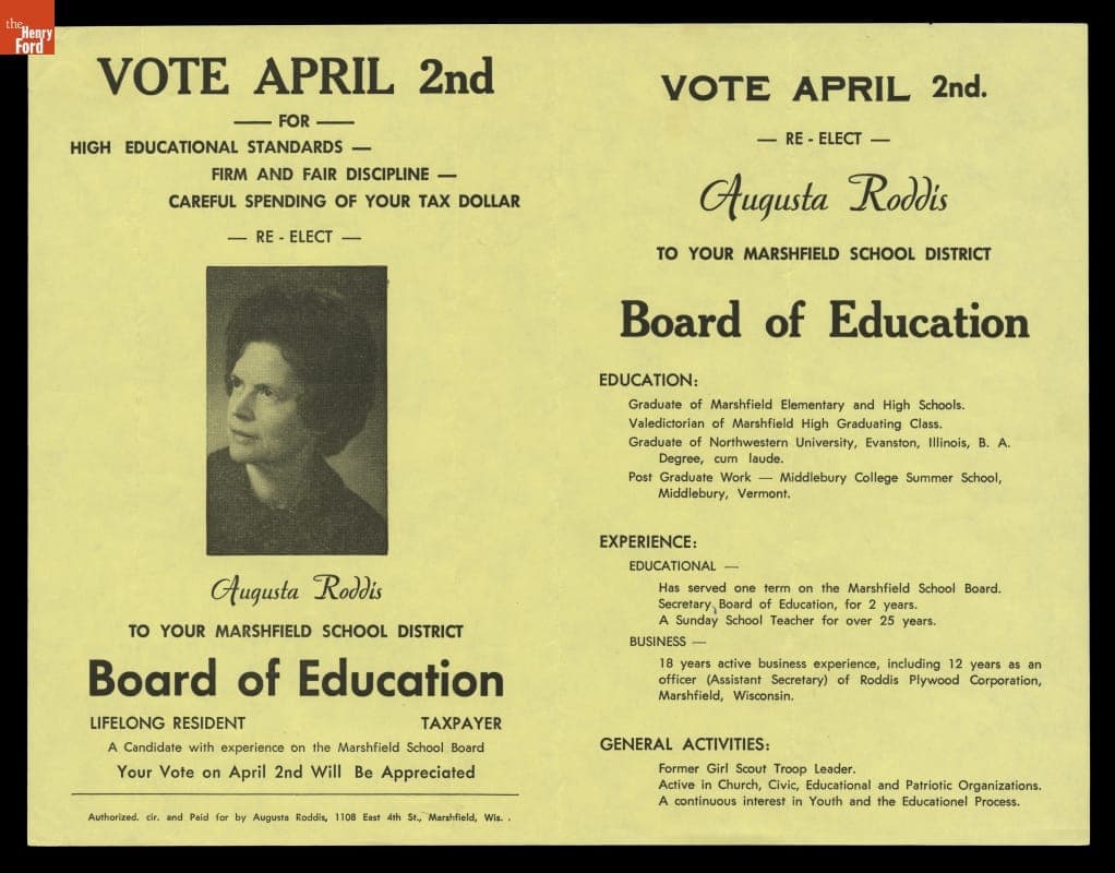 School Board Election Flyer for Augusta Roddis, 1974