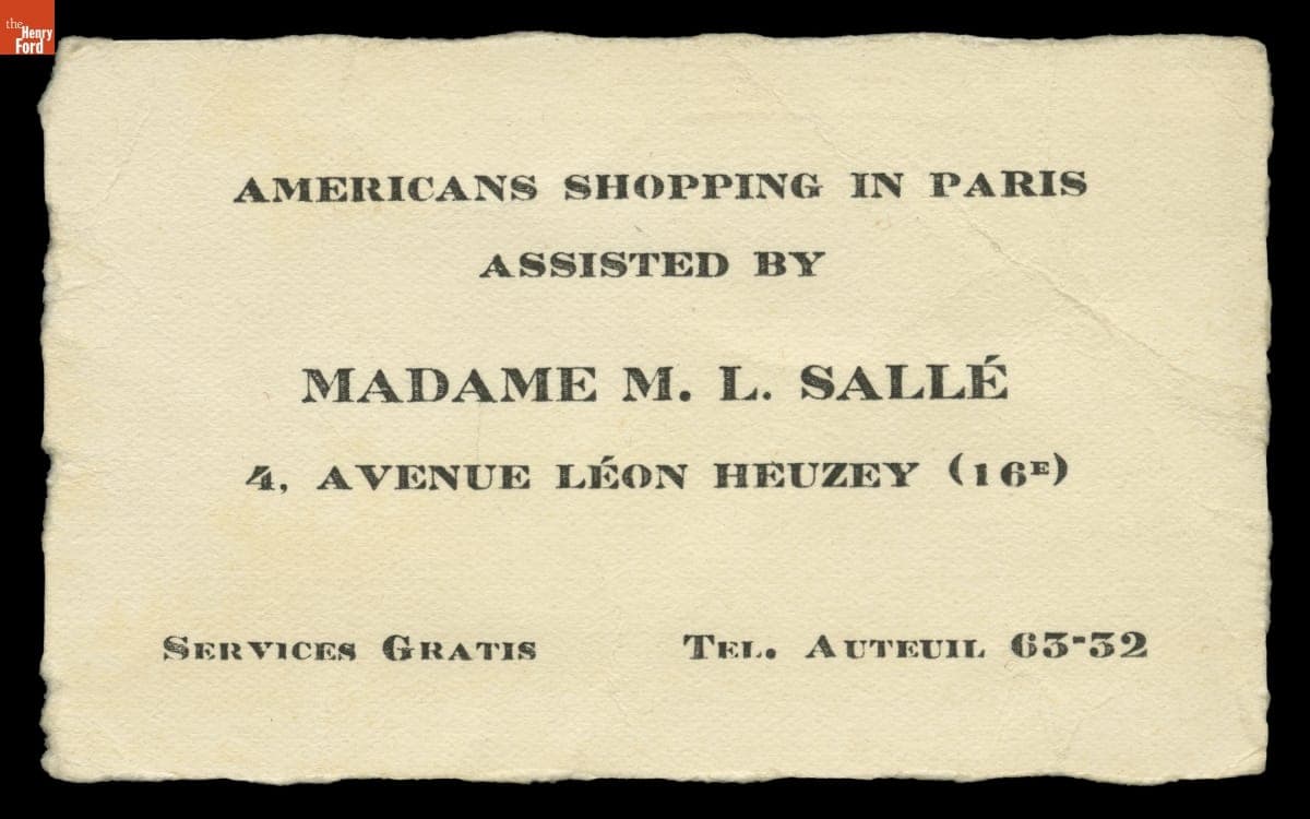 Business Card, "Americans Shopping in Paris Assisted By Madame M. L. Salle," 1928