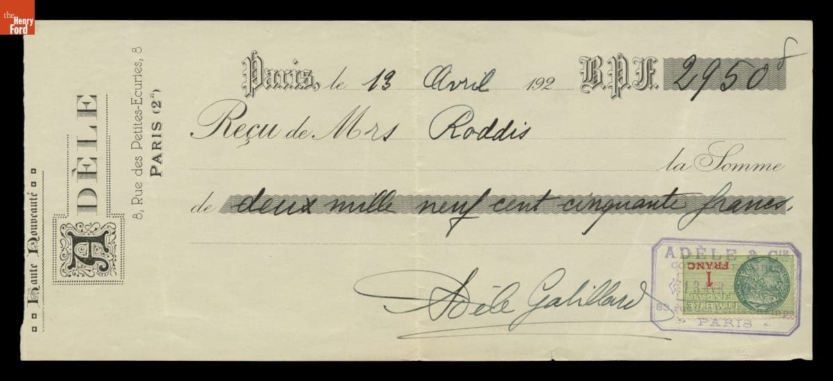 Receipt from Adele & Cie, Paris, 1928