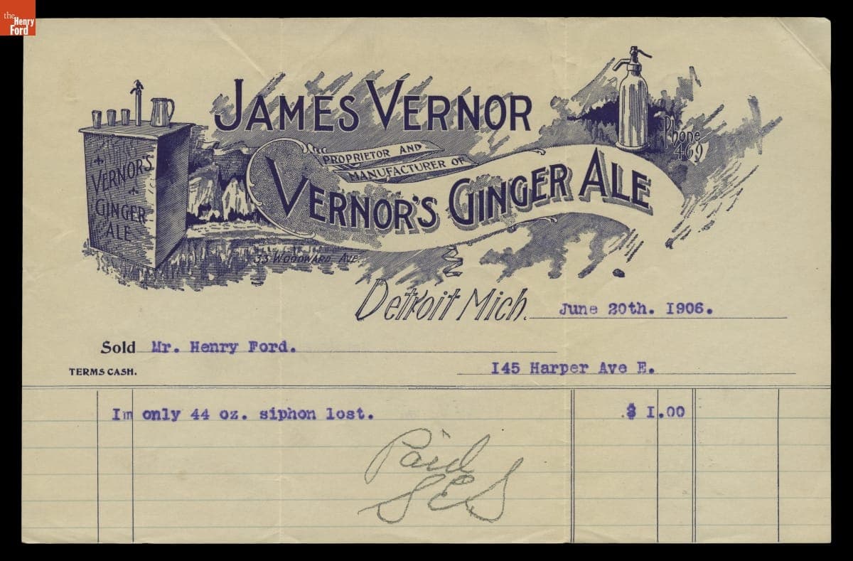 Receipt for Purchase of Vernor's Ginger Ale by Henry Ford, June 20, 1906