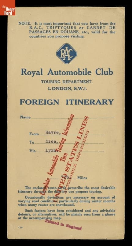 Royal Automobile Club Foreign Itinerary from Havre, France to Nice, France, 1938