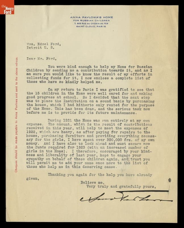 Letter from Anna Pavlowa to Eleanor Clay Ford, circa 1923