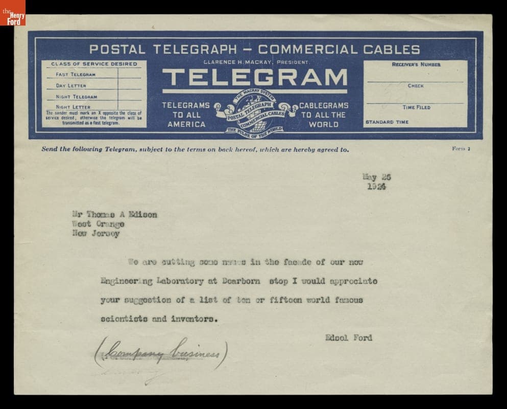Telegram from Edsel Ford to Thomas Edison regarding Names to Engrave on Ford Engineering Laboratory, May 26, 1924